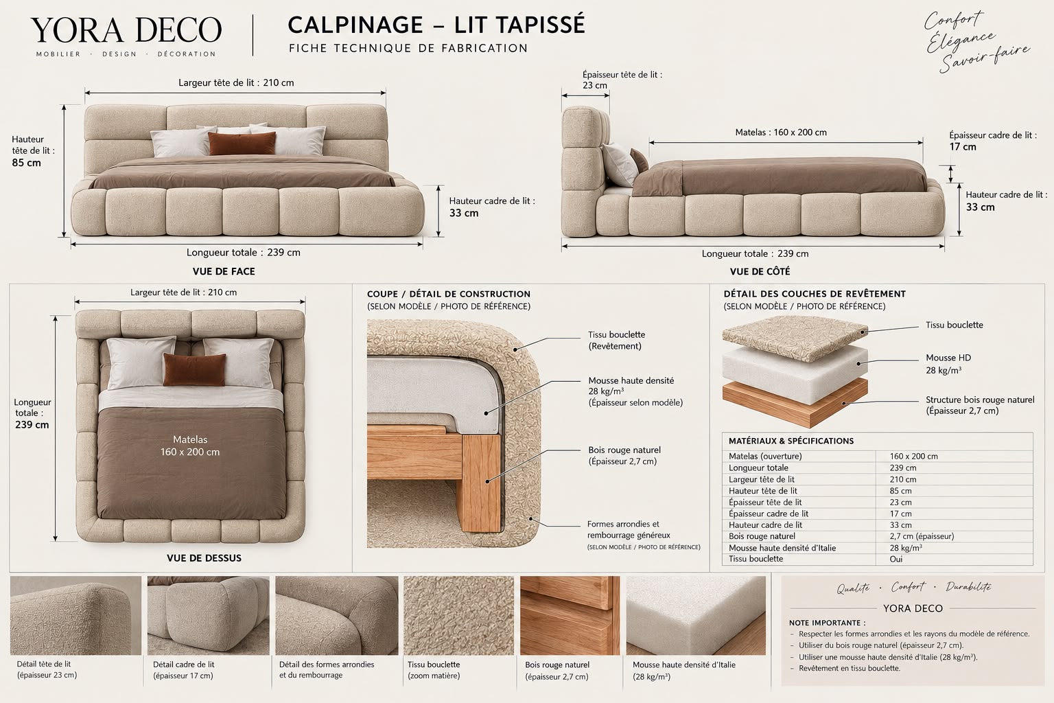 Fiche technique YORA Déco — Calpinage Lit Tapissé