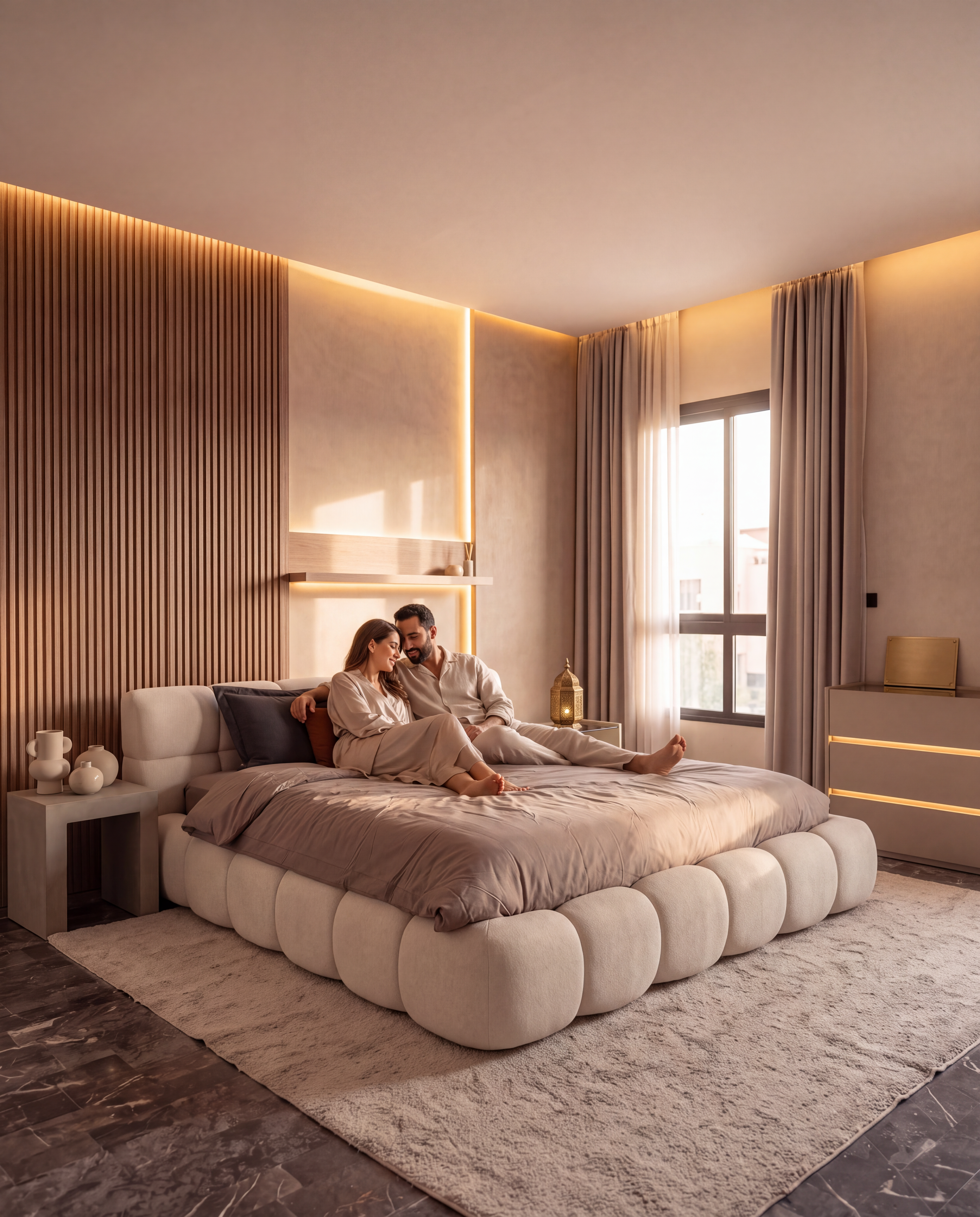 Couple dans une chambre premium avec le Lit Bubble YORA Déco