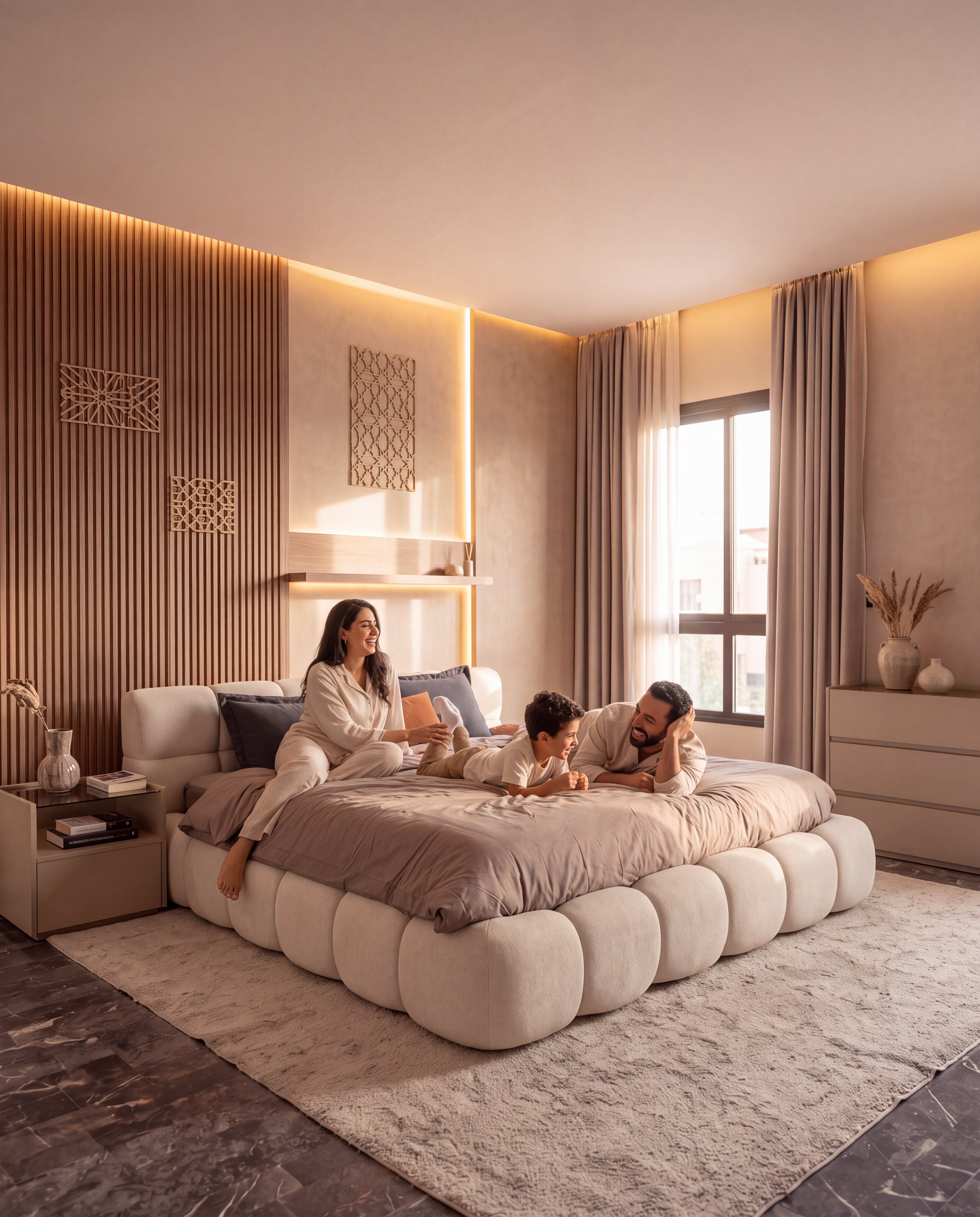 Famille réunie sur le Lit Bubble YORA Déco — moments de bonheur partagés